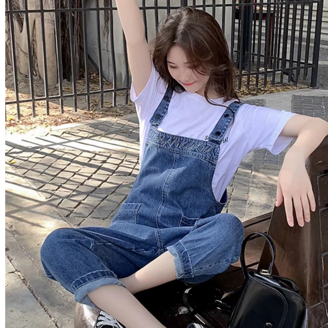 同款不同色九分牛仔背带裤宽松