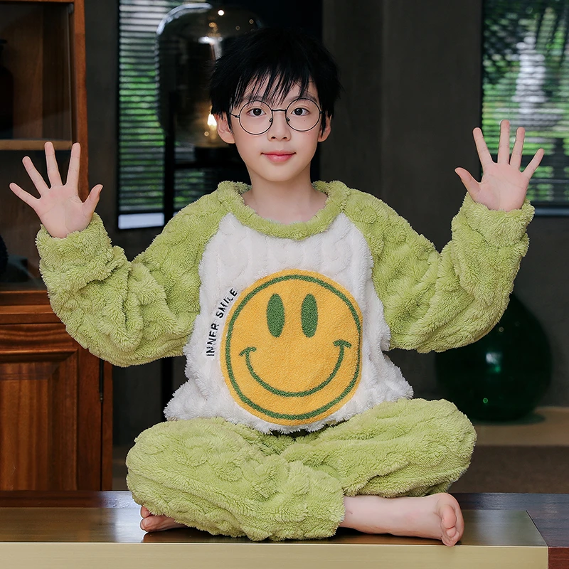 男童保暖卡通加绒加厚珊瑚绒家居服儿童法兰绒睡衣圆领秋冬套装
