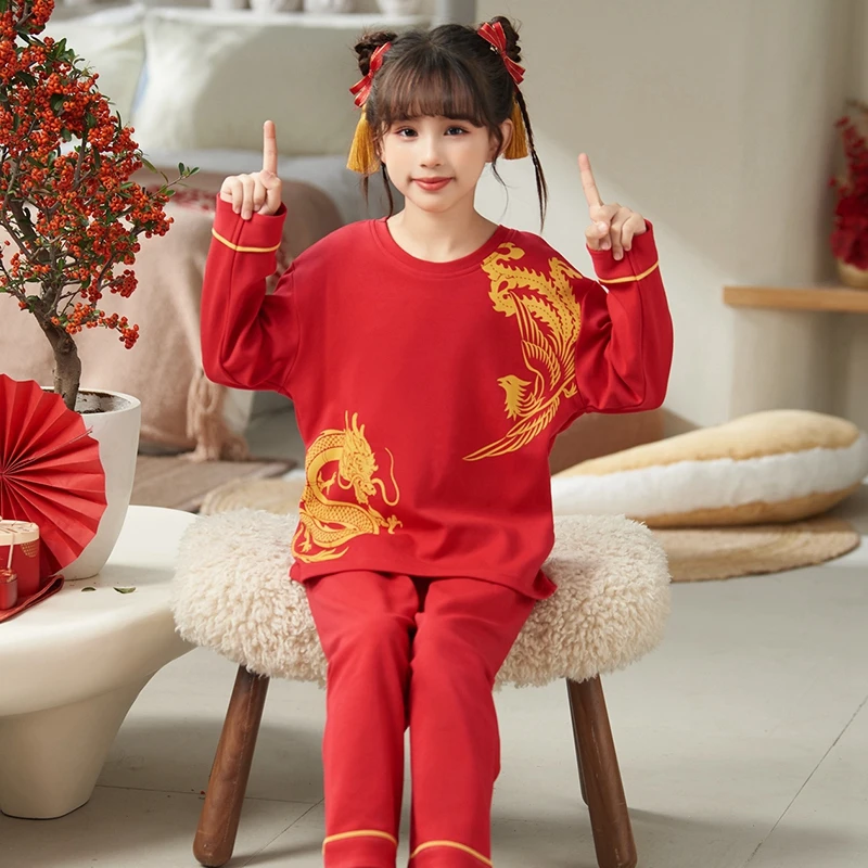 儿童睡衣女童春秋新年款纯棉女孩本命年睡衣大红色喜庆家居服套装