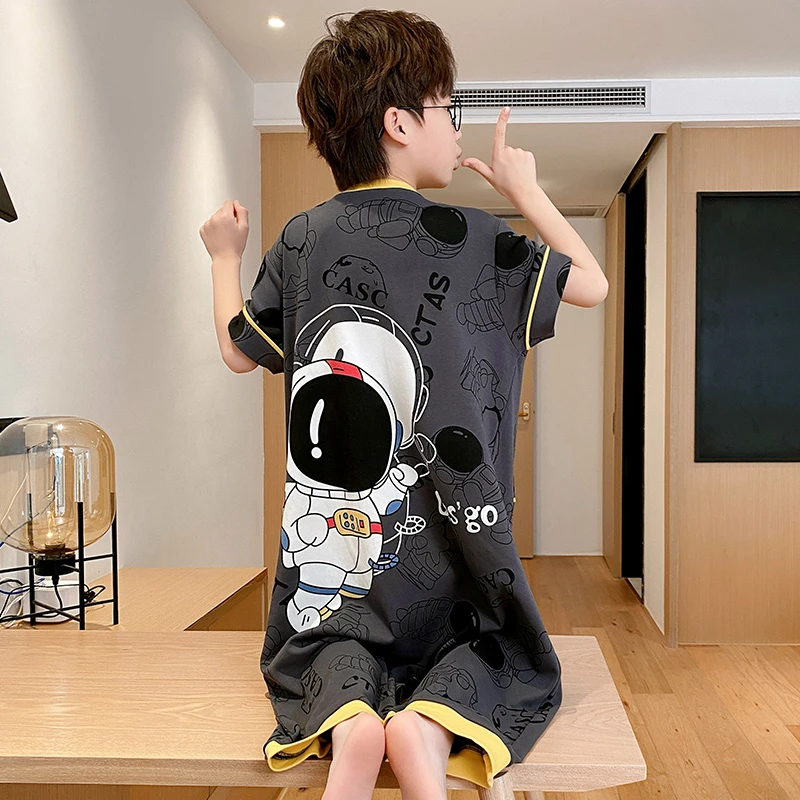 儿童纯棉连体睡衣夏季男宝宝薄款短袖空调服男童防踢家居服中大童