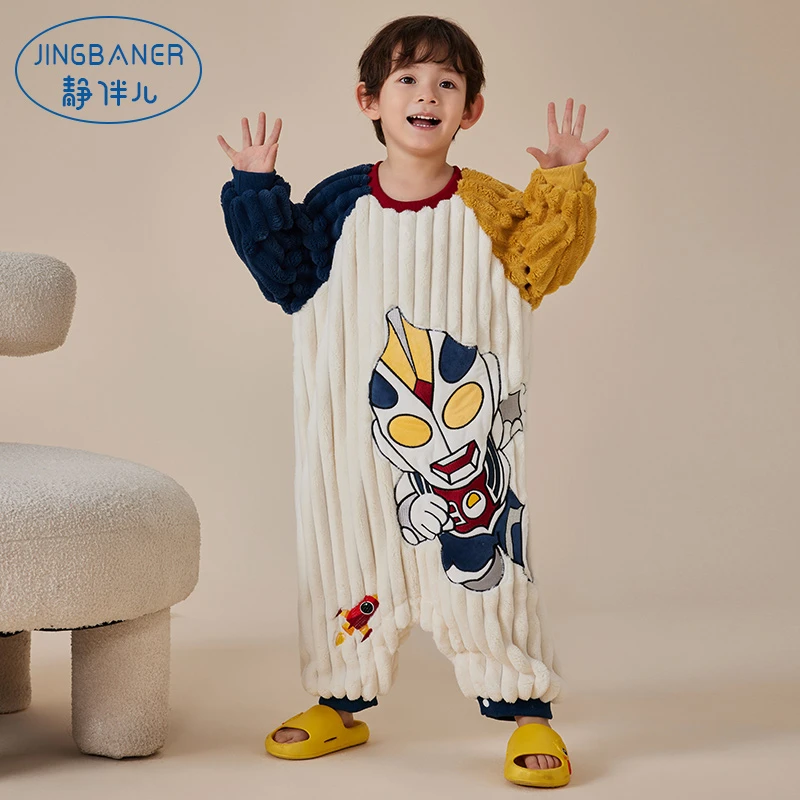 儿童连体睡衣珊瑚绒男童秋冬季加厚法兰绒男孩中大童家居服可外穿