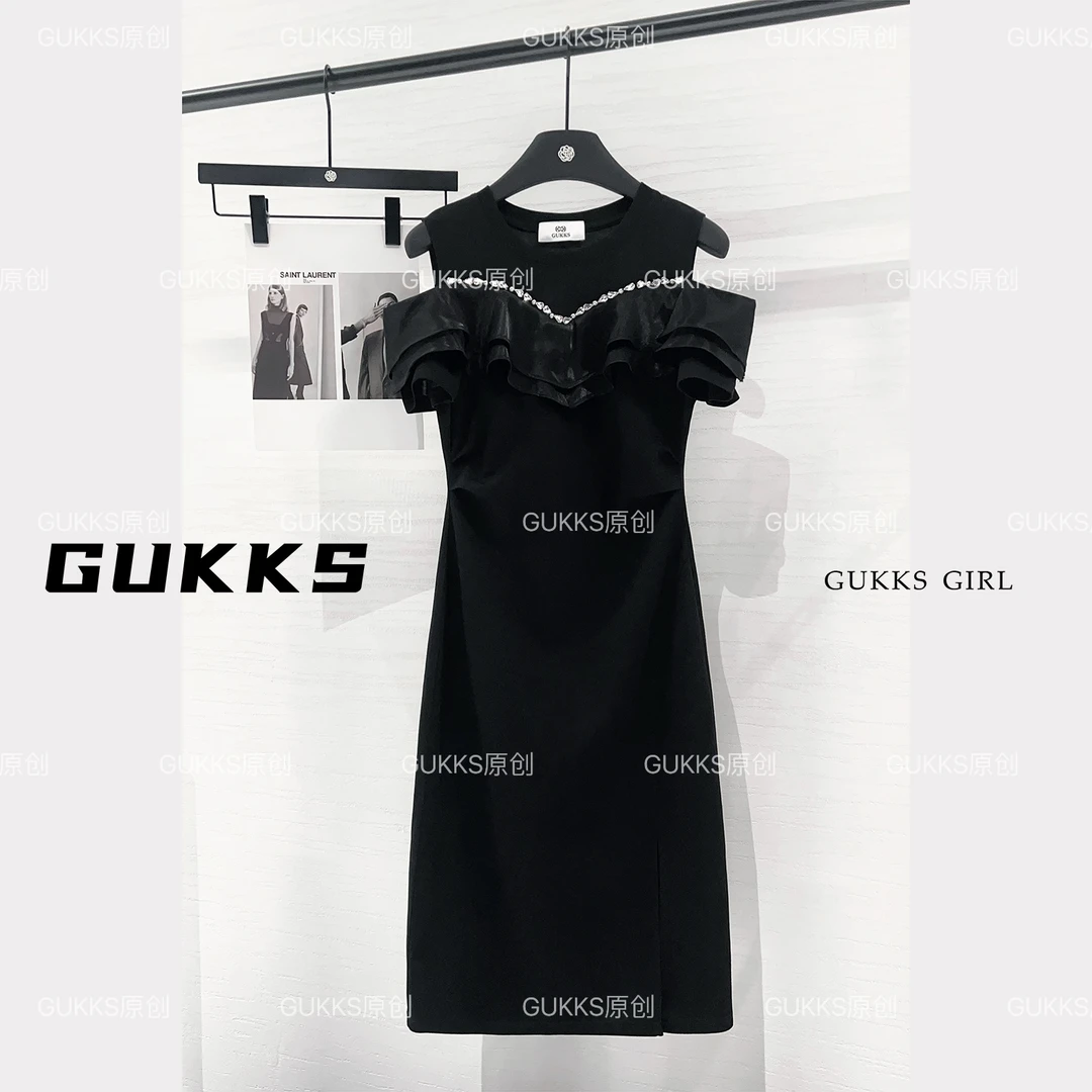 GUKKS法式高定设计款高定钉钻拼接显瘦百搭连衣裙GK396