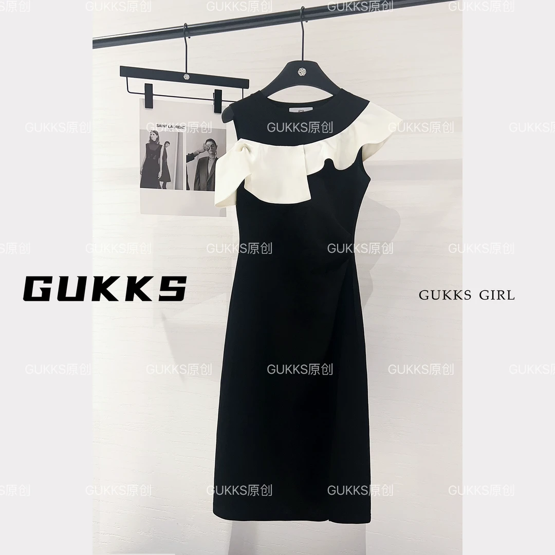 GUKKS茶歇法式不规则荷叶边高级感圆领连衣裙GK272