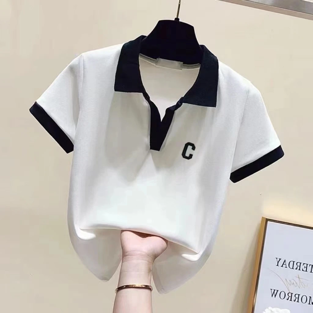 夏季休闲百搭短袖t恤女polo衫翻领夏装新款减龄宽松显瘦短款上衣