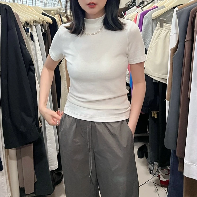 小立领短袖T恤上衣时尚百搭简约纯色T夏季显瘦