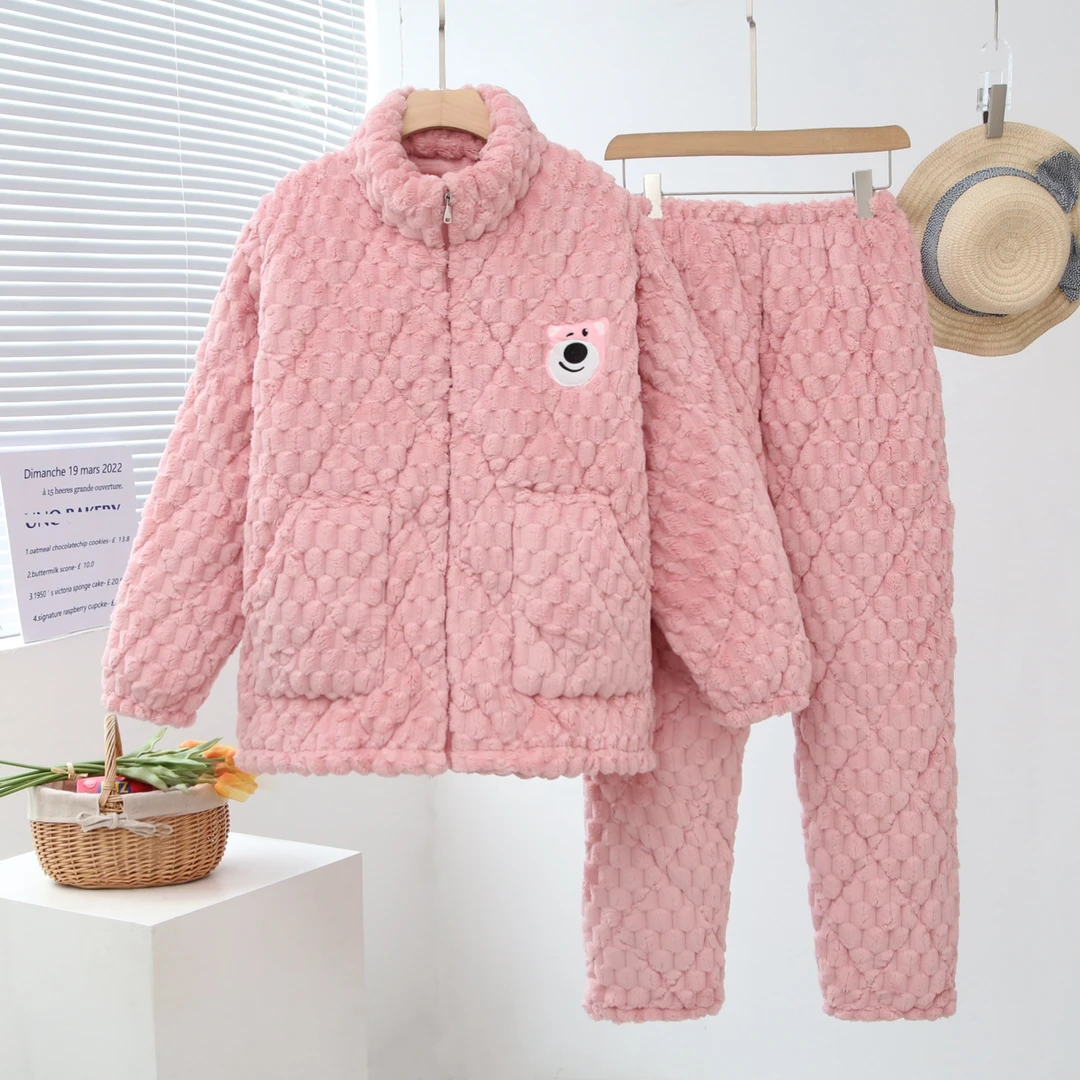 女冬新款高领拉链防风法兰绒加厚睡衣金龟绒加绒保暖家居服两件套