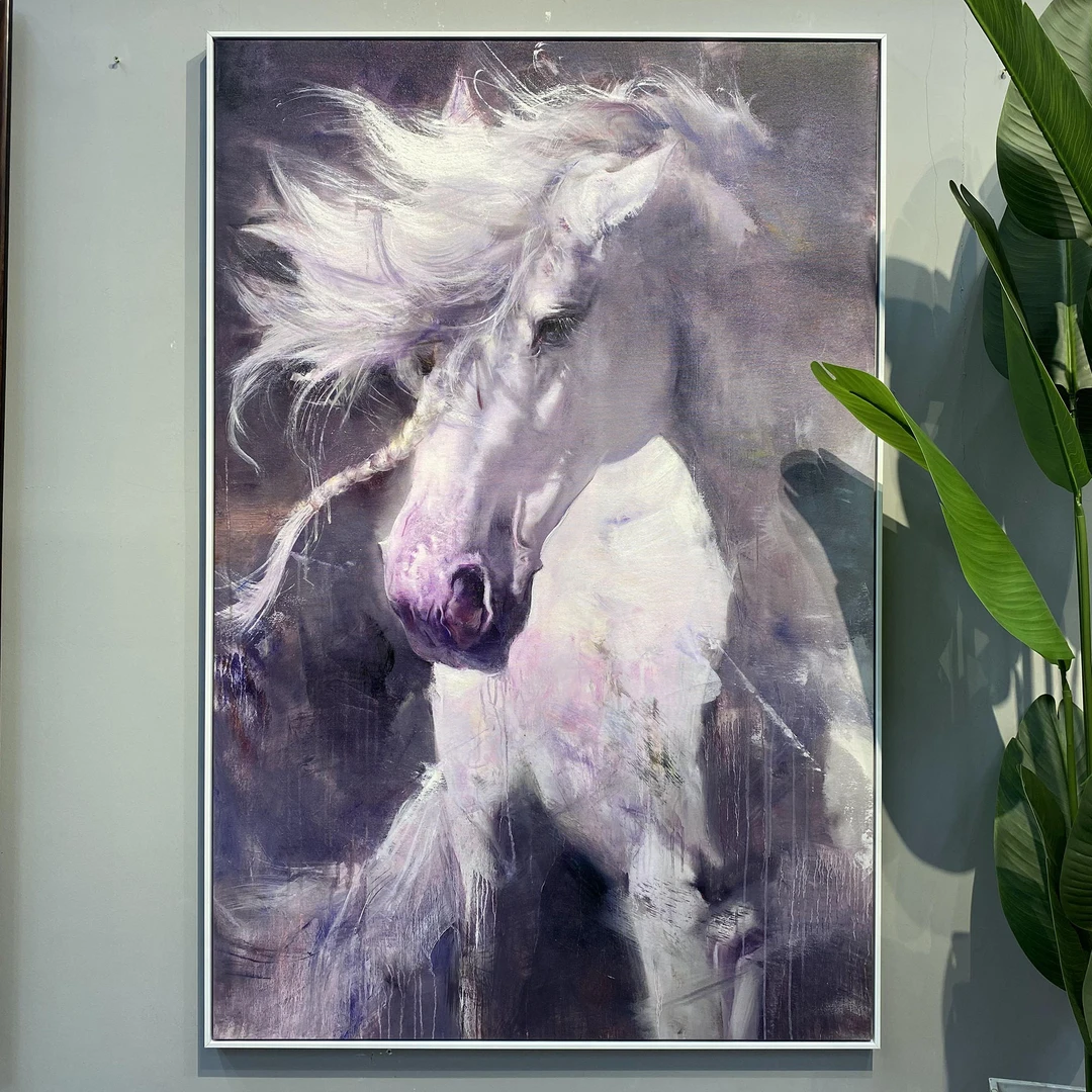 《梦幻白马五》办公室挂画马到成功复刻肌理油画骏马客厅玄关装饰画