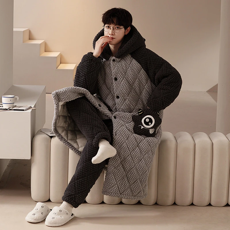 冬季细毛绒保暖睡衣男款三层夹棉加绒加厚睡袍家居服可外穿1296