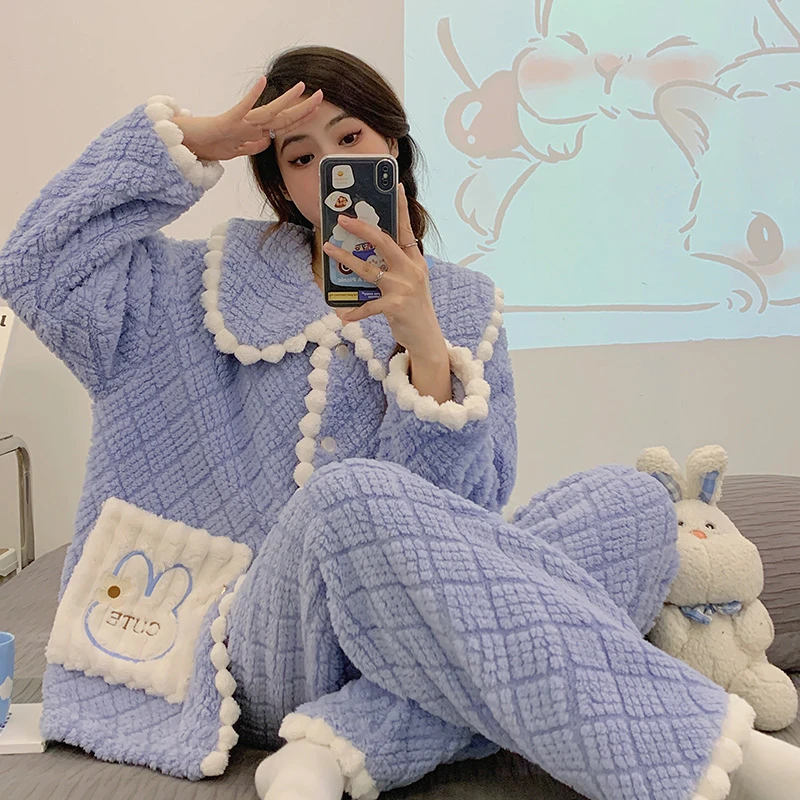 秋冬季加厚绒长袖长裤卡通可爱女款保暖睡衣家居服套装可外穿5884
