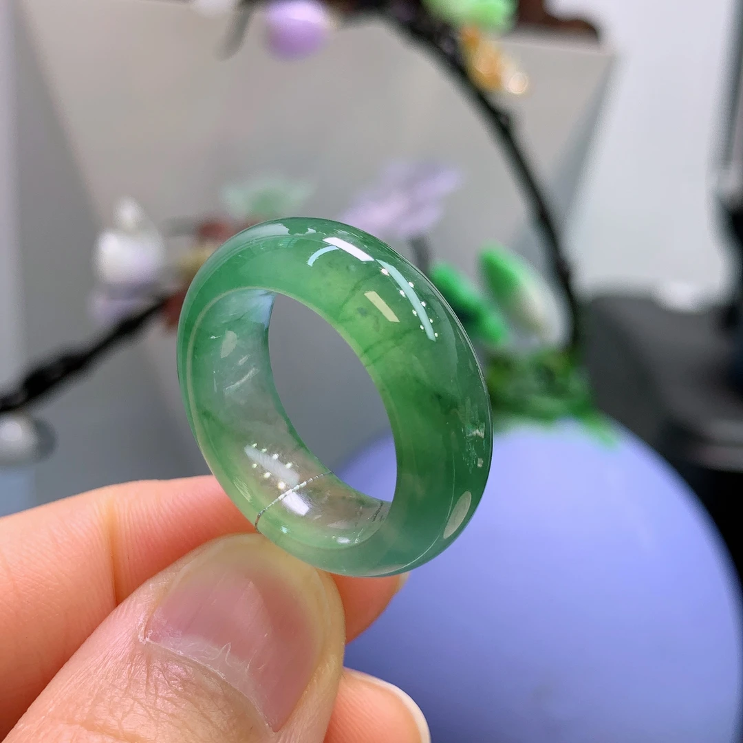 17-18圈口缅甸天然翡翠A货冰飘花宽版戒指A675#