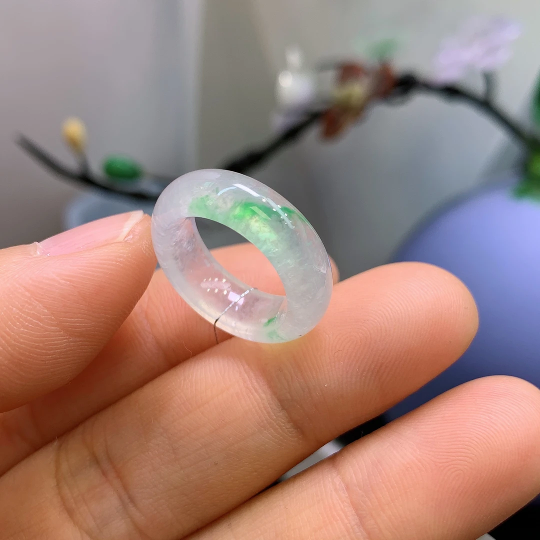 6-7圈口缅甸天然翡翠A货冰飘金丝阳绿戒指A717#