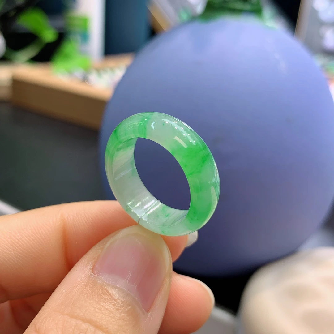 14圈口缅甸天然翡翠A货冰飘金丝阳绿戒指A262#