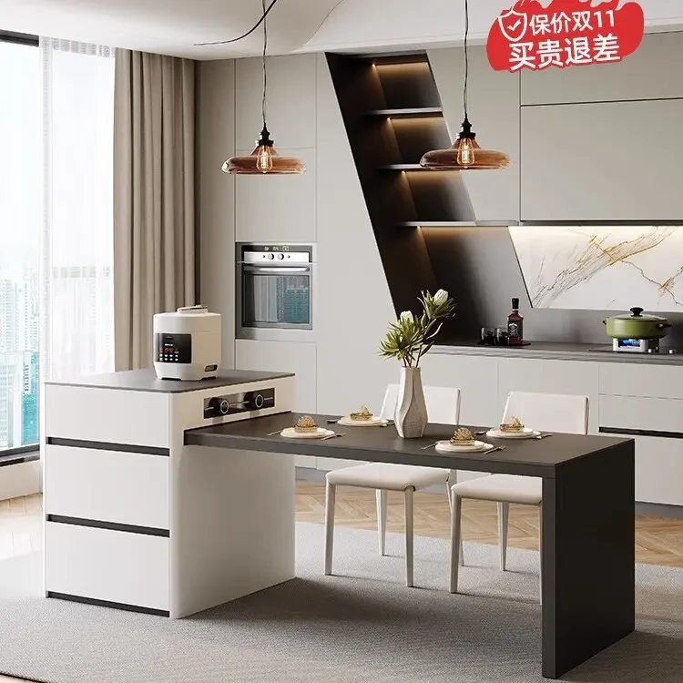 高级岩板岛台餐桌一体可伸缩奶油风中岛台家用岛台一体桌厨房导台