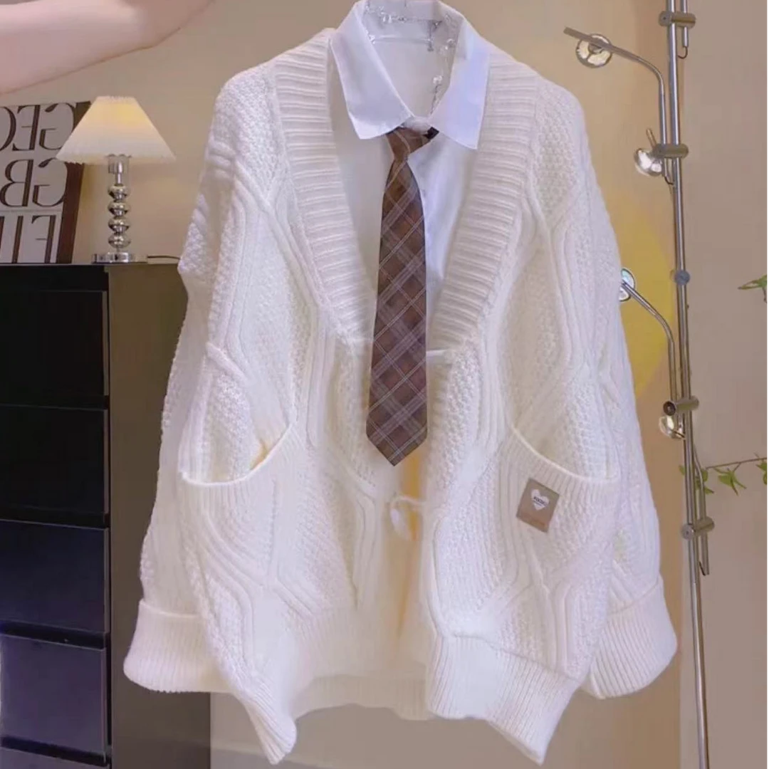 时尚秋冬V领麻花毛衣外套女针织衫口袋学院风韩系宽松显瘦厚开衫