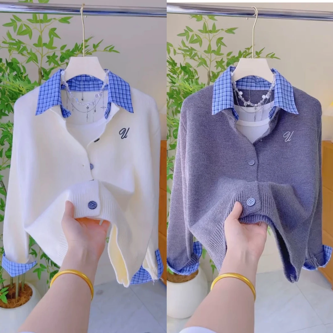 今年流行上衣衣服拼接假两件毛衣开衫女秋季2024新款短款针织显瘦