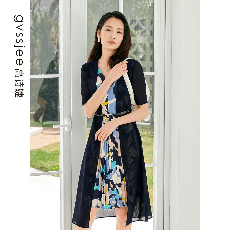 高诗婕夏季复古印花连衣裙女网纱拼接裙子夏天连衣裙232463106-40