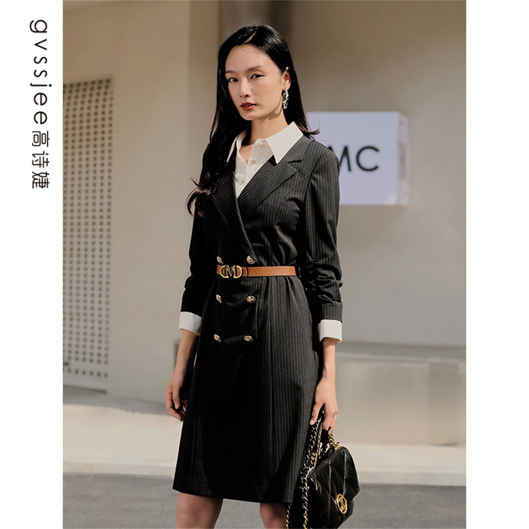 高诗婕新款连衣裙假两件女通勤高腰中长裙子233266050-71