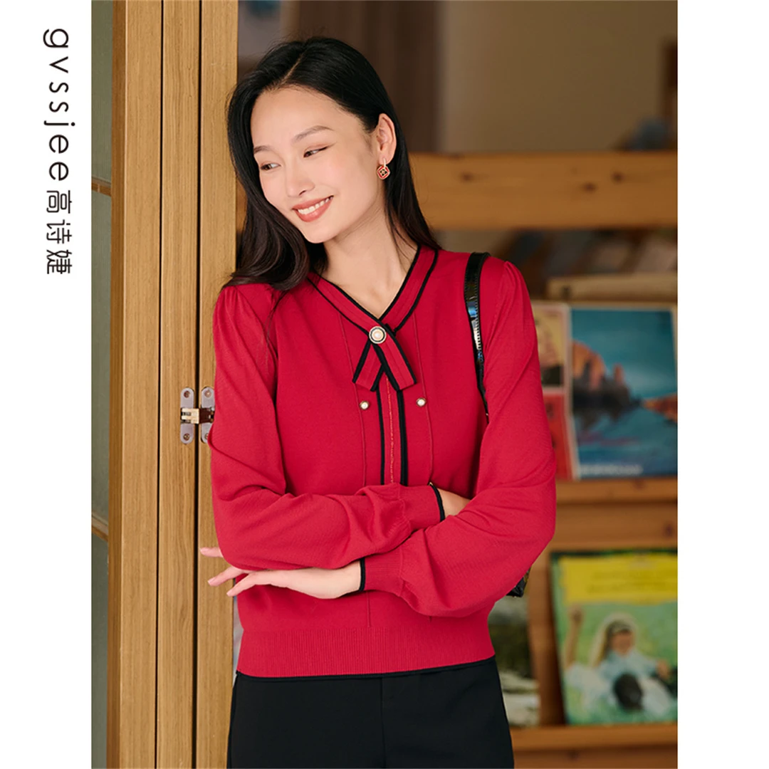 高诗婕新款针织衫女纯色V领甜美百搭上衣潮233424315-27
