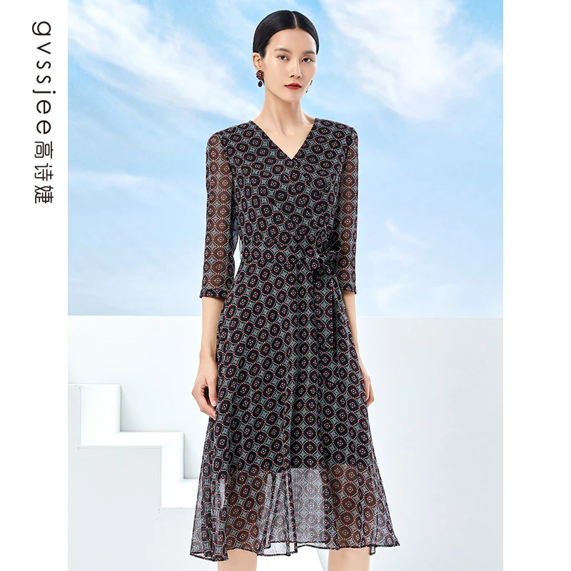 高诗婕新款温柔风雪纺复古连衣裙法式V领仙221362079-20