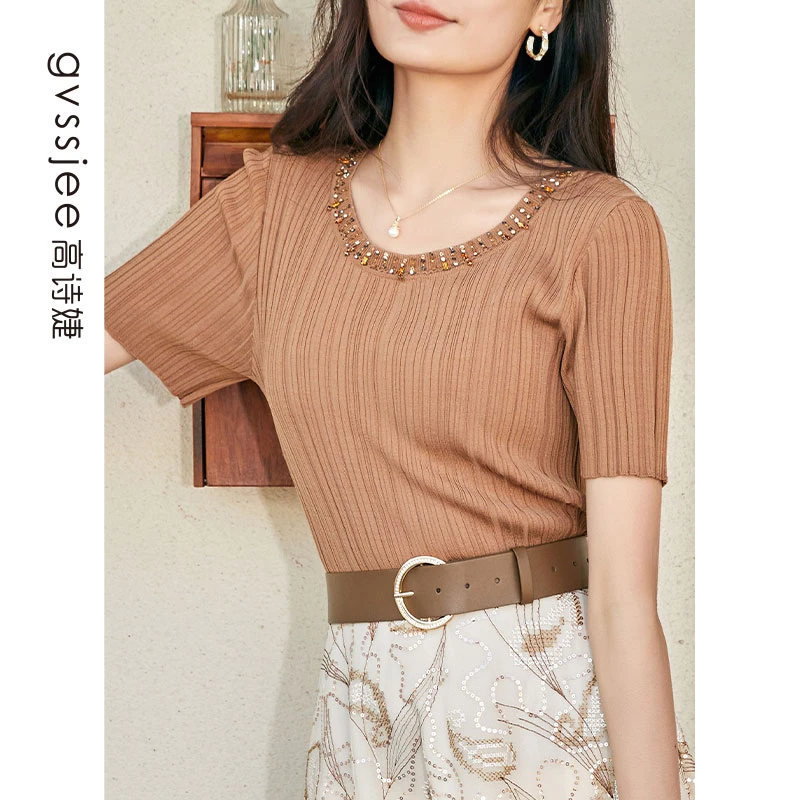 高诗婕夏季坑条针织短袖女内搭简约修身T恤232124350/232524350