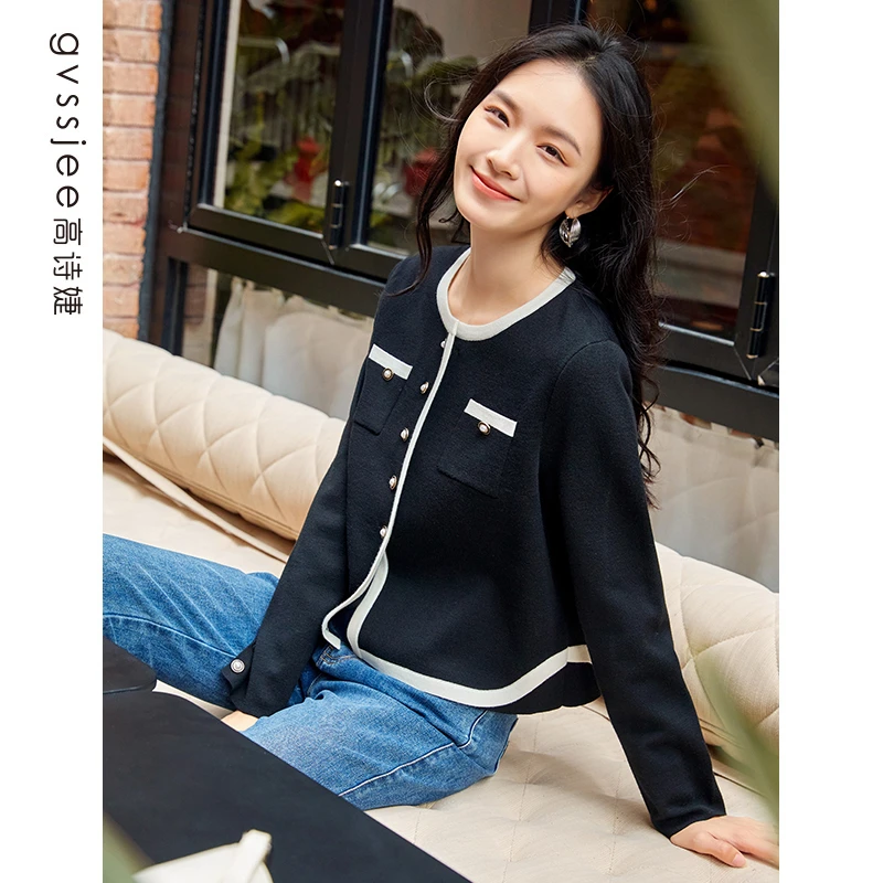 高诗婕秋季新款商场同款女士黑白撞色百搭针织衫243324295-61