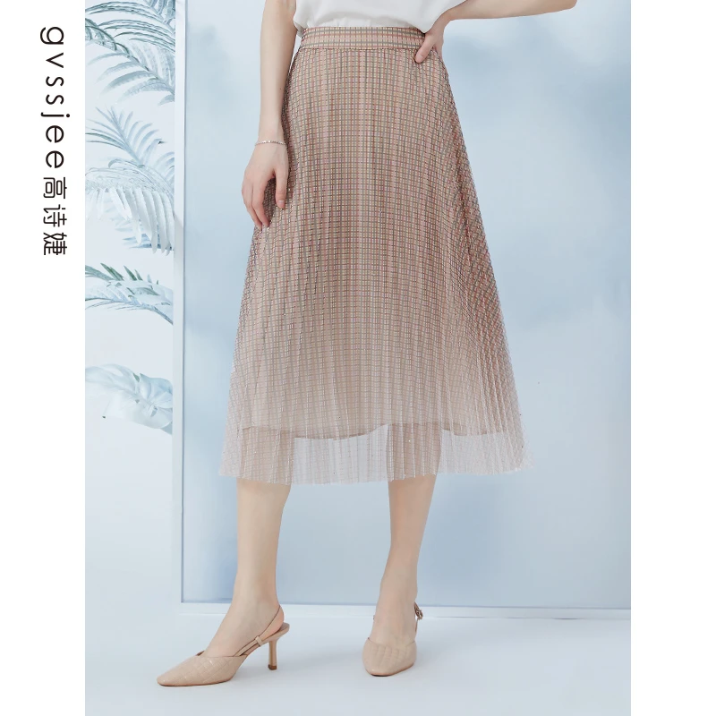 高诗婕夏季新款格子复古百褶裙网纱半身裙女薄款222571136-80