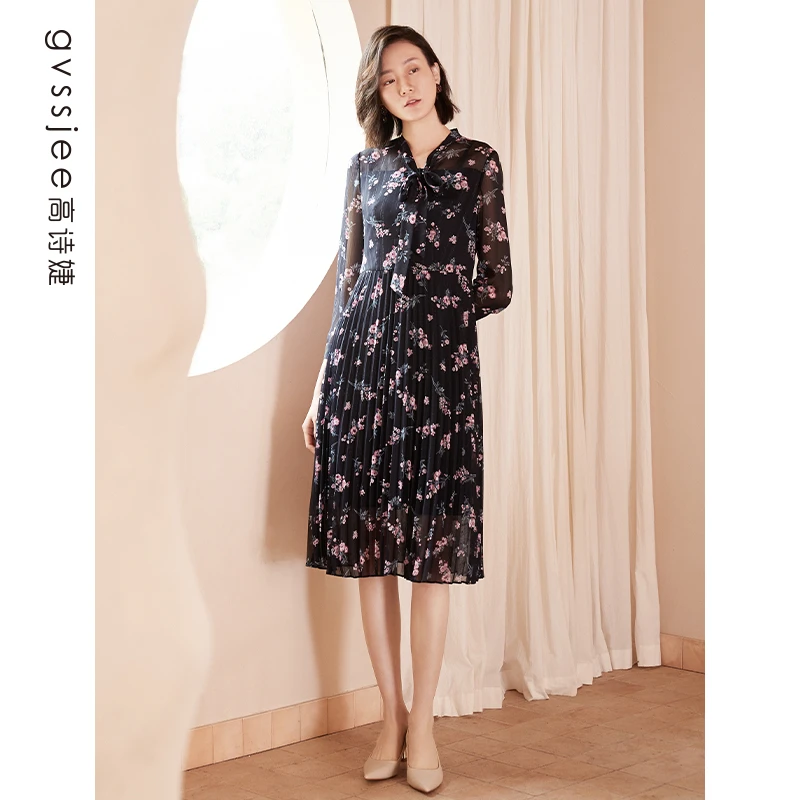 高诗婕秋季新款宽松气质别致雪纺碎花百褶连衣裙223261027-90