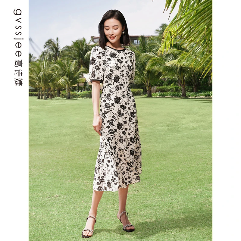 高诗婕夏季新款商场同款印花优雅气质通勤连衣裙242663155-10