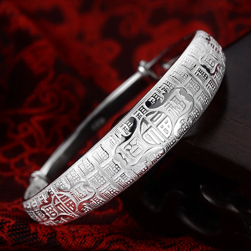 足银手镯 福字妈妈手镯999足银老人百福纯银镯子送奶奶婆婆外婆