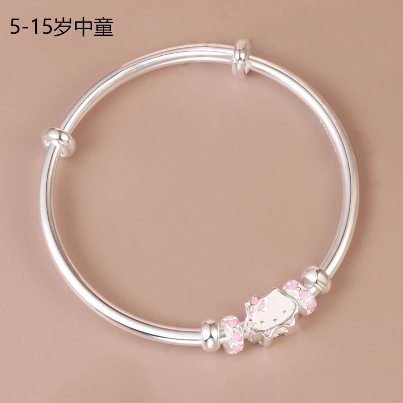 足银手镯 大童卡通推拉手镯9999纯银小女孩可爱猫咪6到15岁银镯子