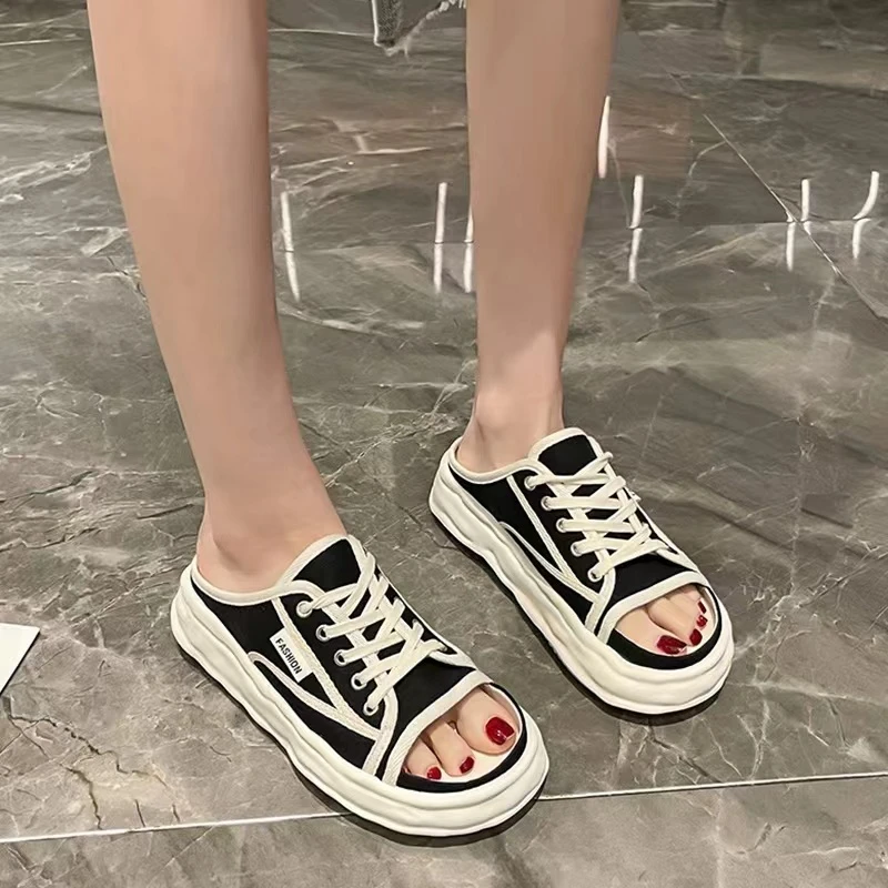 网红帆布拖鞋女夏外穿2024年新款厚底休闲懒人拖鞋