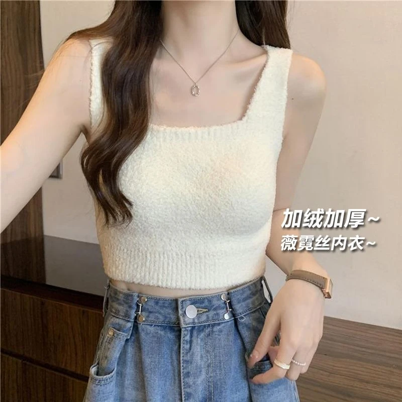 新款羊羔绒吊带带胸垫保暖背心文胸一体秋冬季内搭加厚短款内衣女