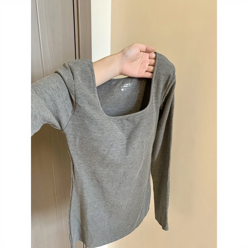 秋冬新款百搭磨毛保暖内衣女带胸垫长袖内搭显瘦打底方领洋气小衫