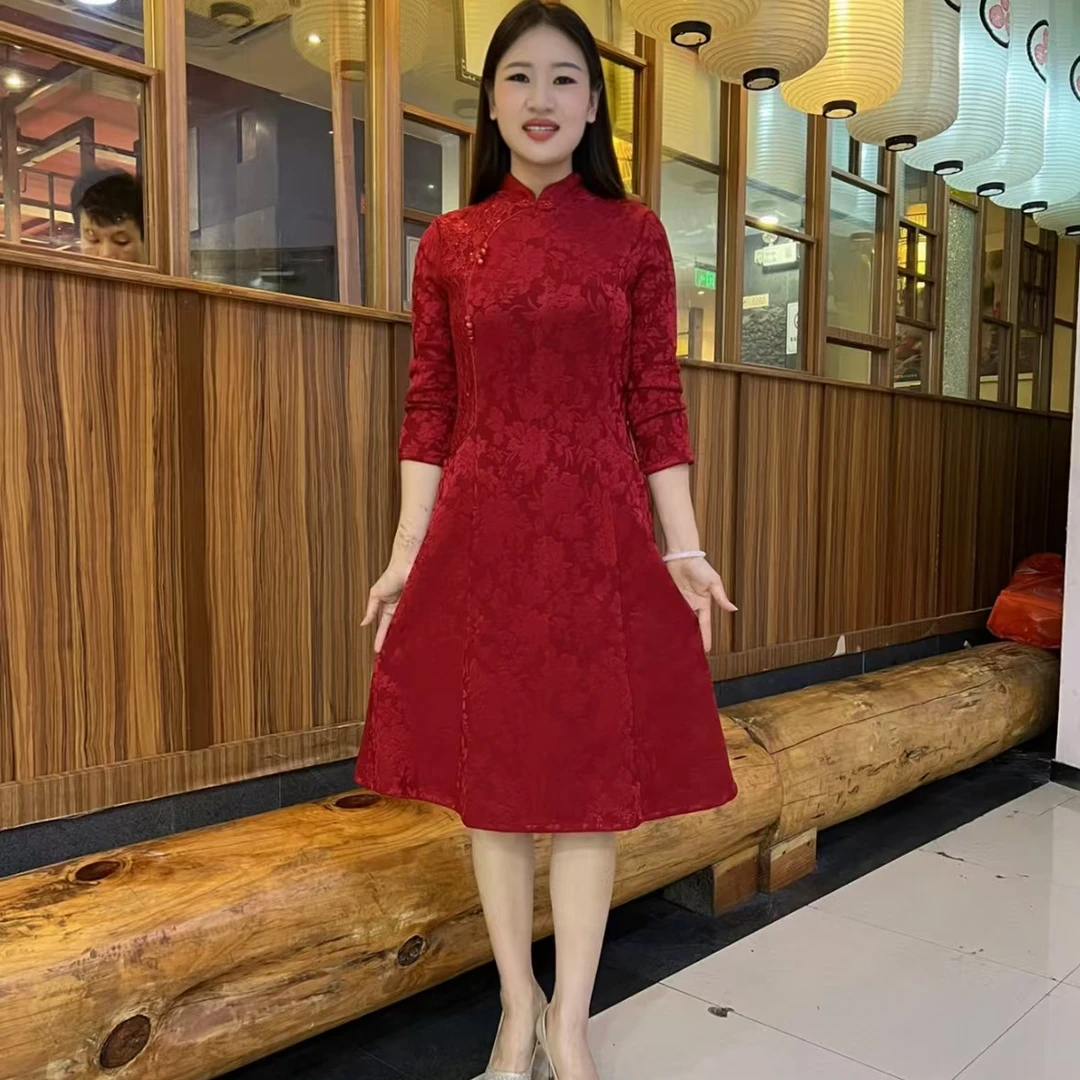 2024冬季显瘦国风气质加绒加厚长袖旗袍女士妈妈装