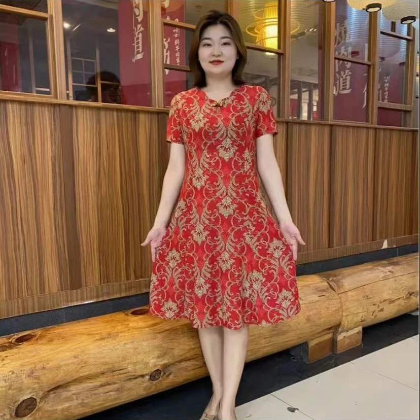 夏季新款洋气时尚盘扣收腰连衣裙妈妈装遮肚
