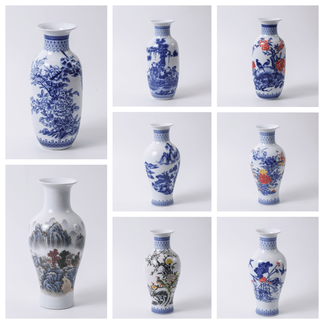 青花冬瓜瓶五彩鱼尾瓶景德镇陶瓷插花花瓶家居桌面玄关装饰摆件
