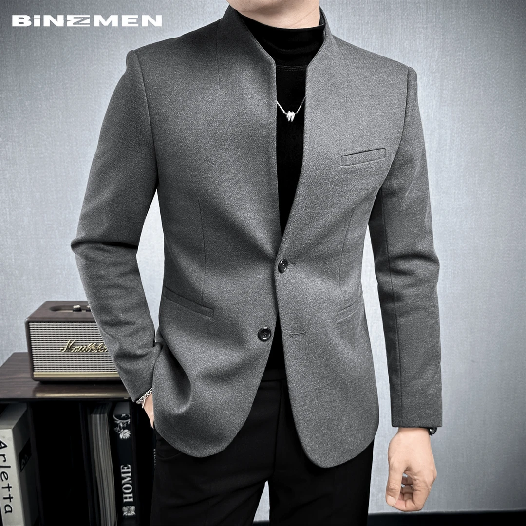 毛呢新中式西装套装男款正装秋季款立领中山领结婚新郎休闲西装