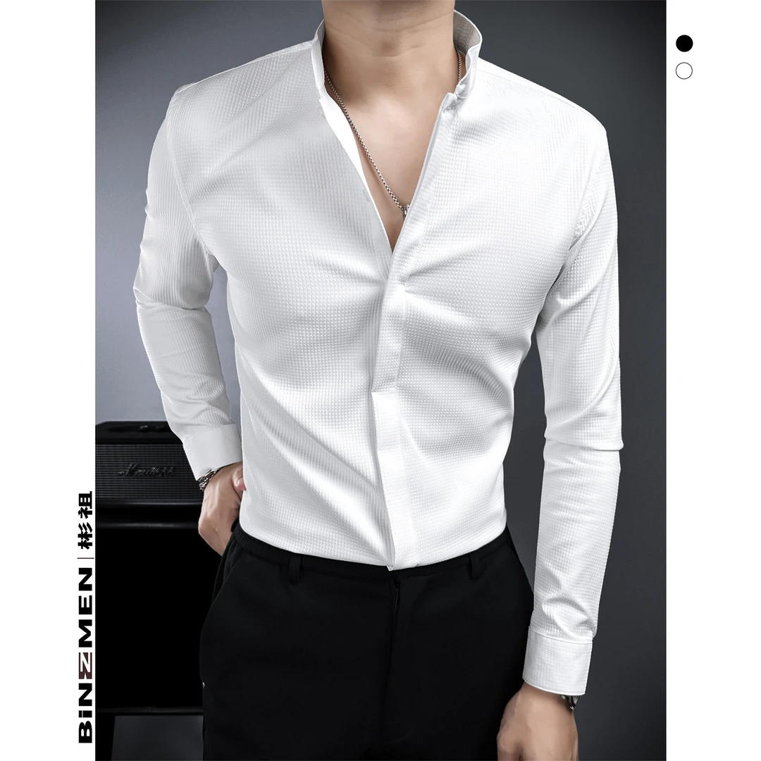 华夫格纯色衬衫立领秋季薄款轻奢高级感新中式中山领清凉男士衬衣