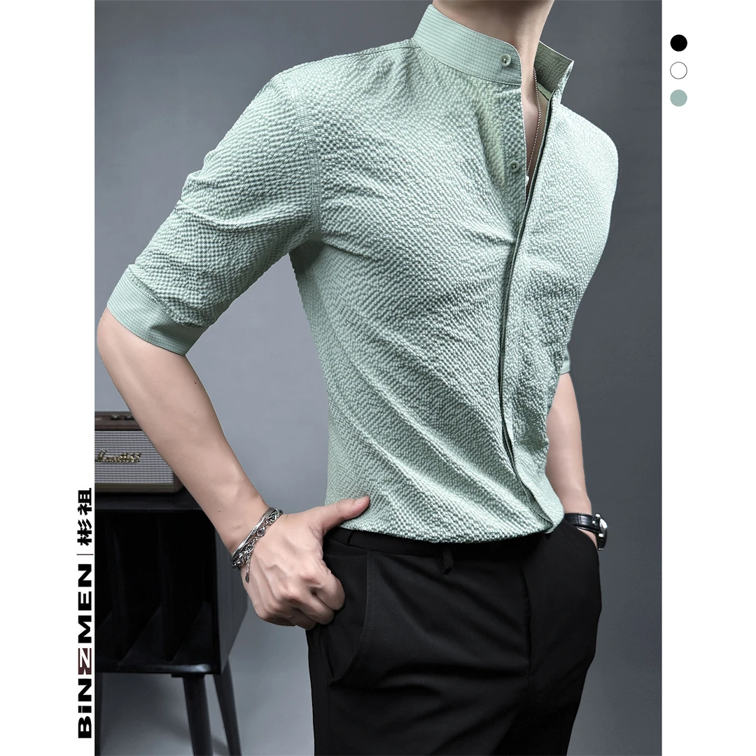 彬祖中式立领衬衫男款休闲泡泡纱轻熟精致衬衣修身国风高级感男装