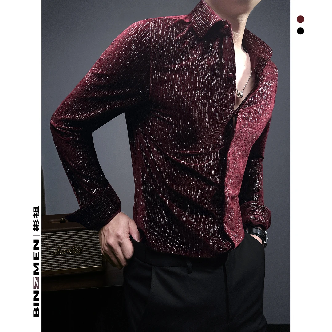 夜店首席亮片男士高档衬衫长袖复古韩版宴会结婚丝绒弹力打底衬衣