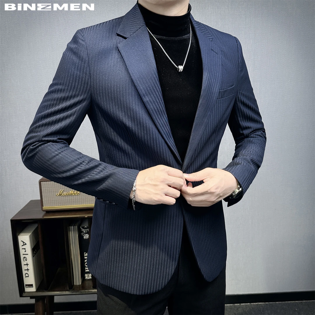 商务正装线条修身休闲西装外套男款蓝色轻奢斯文败类风格男装套装