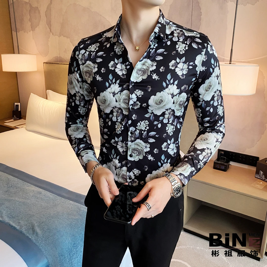 彬祖摩登复古花衬衫男夏季潮流痞帅高级感男装修身印花冰丝衬衣男