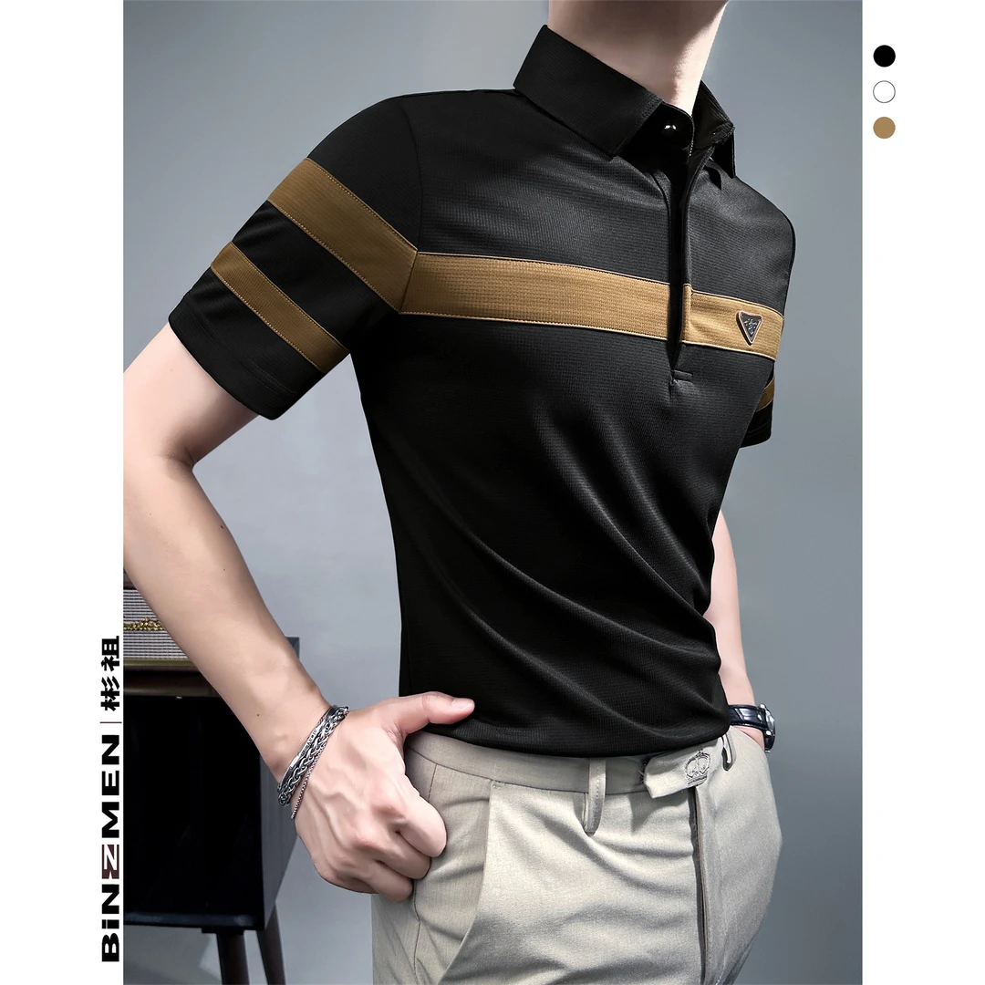 彬祖华夫格短袖polo衫男款痞帅高级感轻职风百搭显瘦冰丝翻领短袖