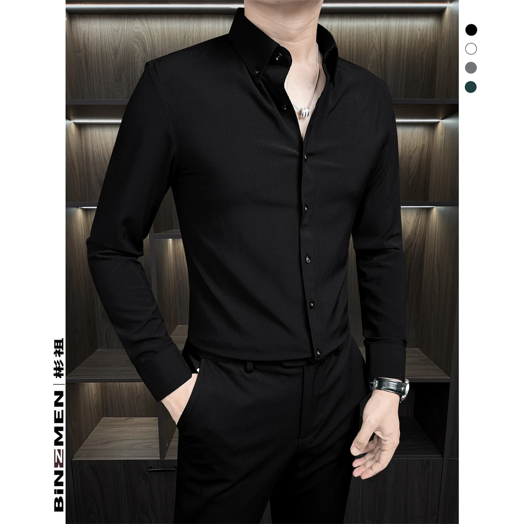 商务风基础纯色长袖衬衫男款痞帅高级感男装垂感修身黑色衬衣外套