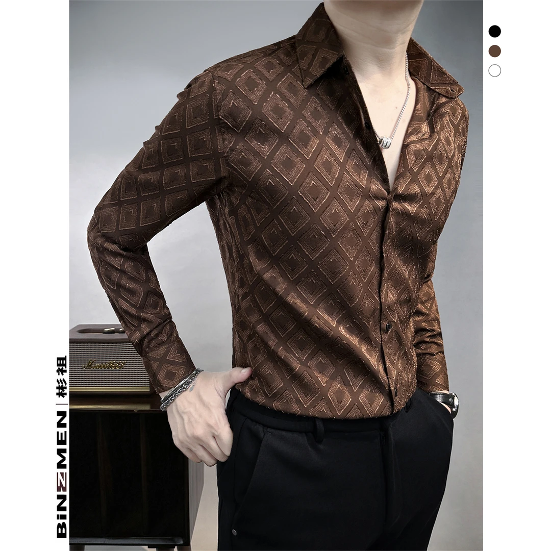 菱形格纹痞帅衬衫男款2024新款爆款轻奢高级感男装男士衬衣长袖男