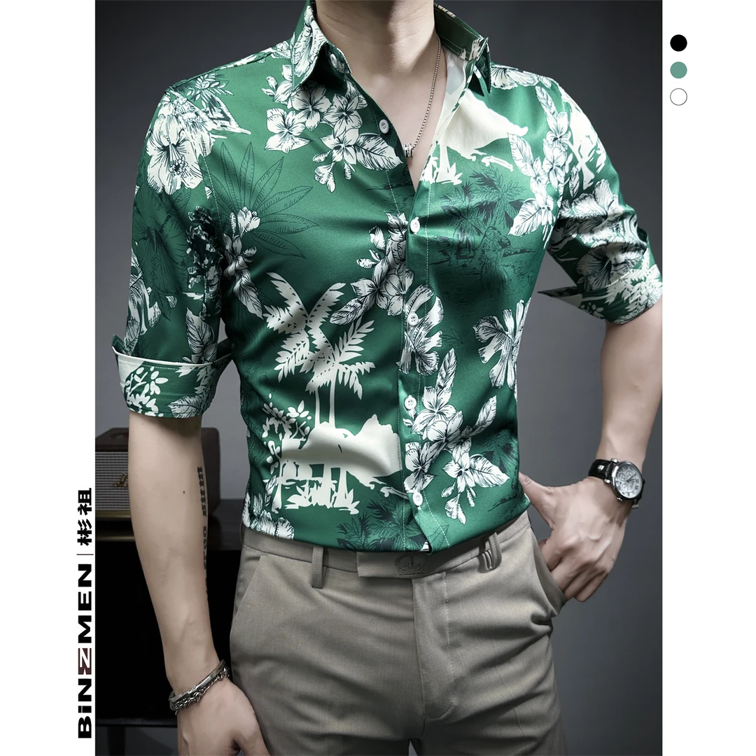 彬祖雅痞风印花男士衬衫中袖韩版休闲个性夏季薄款五分袖花衬衣男