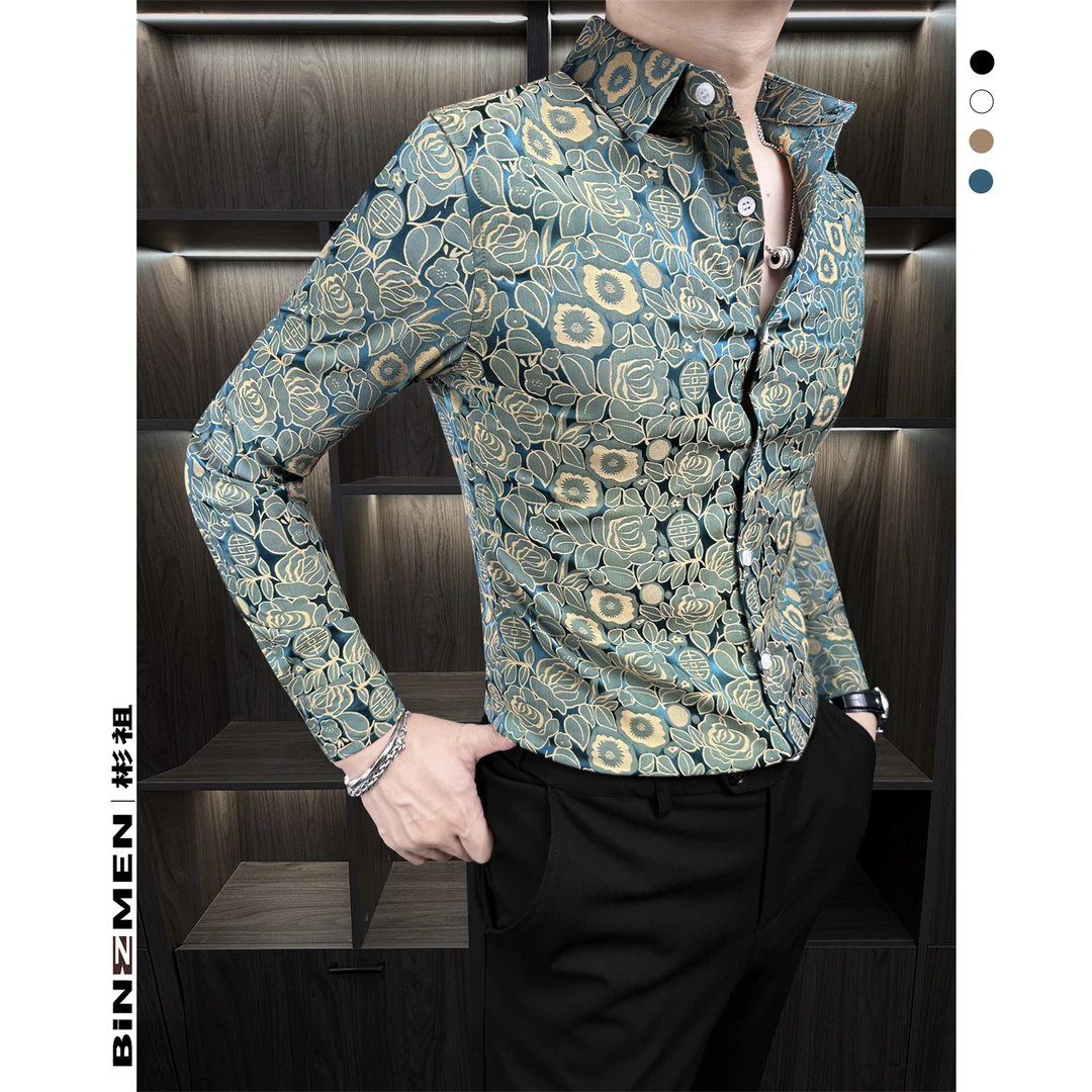 彬祖中国风复古印花衬衫男款潮流帅气修身港风衬衣成熟高级感男装
