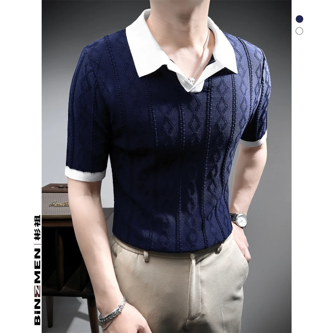 竖菱形格纹Polo衫男款休闲风夏季薄款宝蓝色针织衫男士翻领t恤衫