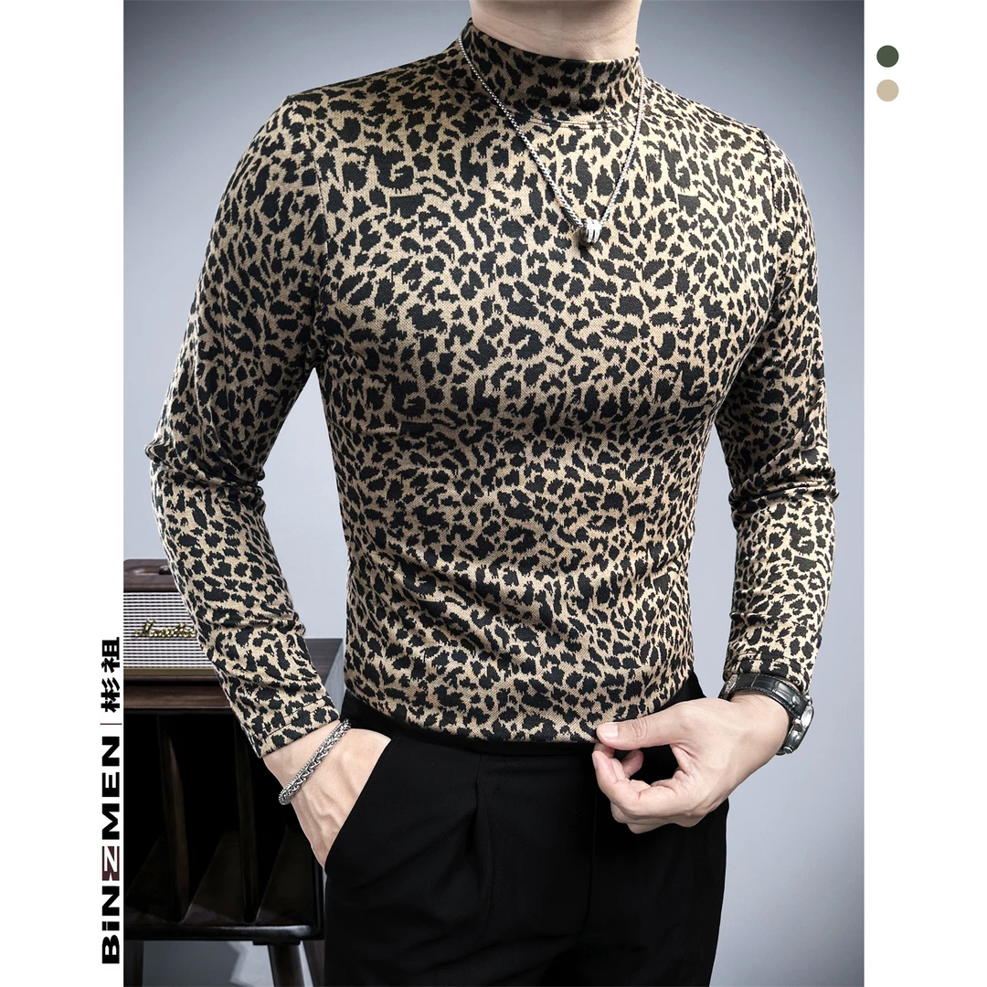 彬祖豹纹男士春秋打底衫半高领男生内搭长袖衫T恤男式网红款男装