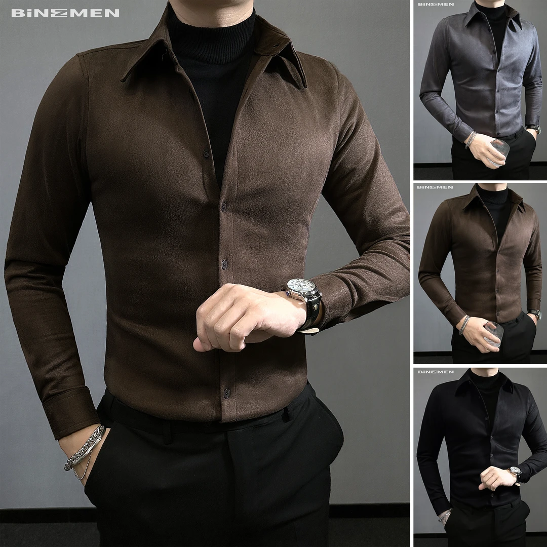 轻奢鹿皮绒假两件男士衬衫时尚商务男装修身翻领加厚秋季休闲风男